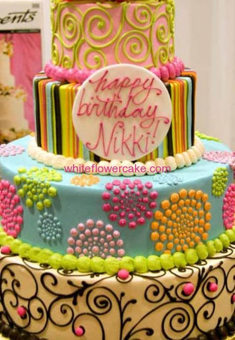 Happy Birthday Nikki, Fun Birthday Cakes, White Flower Cake, Bright Cakes, White Flower Cake Shoppe, Whimsical Cake, Dot Flowers, Whimsical Birthday, Cake Pattern