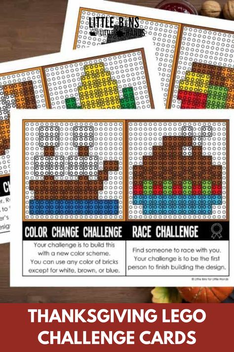 Thanksgiving turkey theme LEGO challenge cards are the perfect way to breathe new life into your building challenges this November! STEM, LEGO, bricks, and holidays match perfectly together for fun challenges to go along with the changing seasons. These printable Thanksgiving LEGO task cards are the way to go whether you’re in the classroom or at home! LEGO activities are perfect all year round! November Lego Challenge, Thanksgiving Lego Challenge, Lego Building Cards Free Printable, Lego Turkey, Lego Challenge Cards, I Spy Thanksgiving, Printable Thanksgiving Activities, Stem Challenge Cards, Lego Stem Challenge