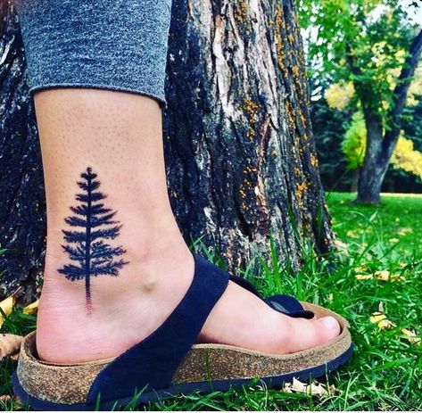 Oregon (Black Pine Tree) Tattoo Idea For Ankle Tree Tatto, Tree Placement, Tree Tattoo Ankle, Oregon Tattoo, Tattoo Son, Tattoo Ankle, Pine Tree Tattoo, Tree Tattoo Designs, Tree Of Life Tattoo