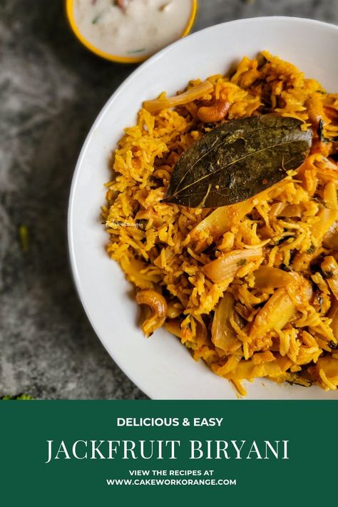 A bowl of jackfruit biryani served with raita for lunch Kathal Biryani, Jackfruit Curry Indian, Briyani Receipes Rice, Easy Vegetable Biryani, Jackfruit Biryani, Veg Hyderabadi Biryani Recipe, How To Cook Jackfruit, Vegetarian Rice Dishes, Raw Jackfruit