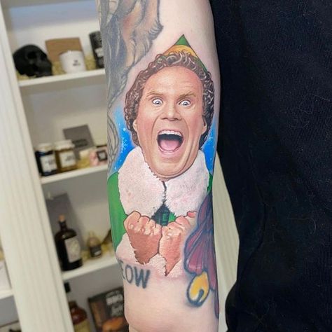 Dope colour realism portrait of Buddy the Elf, made with Killer Ink supplies! Elf Tattoo, Oz Tattoo, Buddy Elf, Realism Portrait, Birthday Tattoo, Movie Tattoo, Christmas Tattoo, Movie Tattoos, Beautiful Tattoo