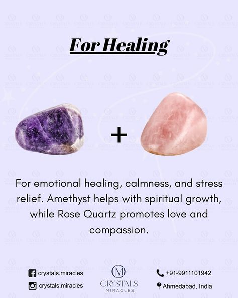 The Power of Crystal Pairing ✨ Crystals work wonders when paired together! Here are just a couple of examples: • Amethyst + Rose Quartz – Perfect for healing, emotional balance, and soothing energy. • Black Tourmaline + Selenite – Ideal for protection and cleansing your aura from negativity. ✨ Discover how crystal pairings can elevate your energy and intentions! For more crystal pairings, DM us and let’s explore the magic together! 💎 Please DM or Call us on +91-9911101942 for more details.... Crystal Pairings, Lavender Quartz, Emotional Balance, Emotional Healing, Black Tourmaline, Healing Crystals, Spiritual Growth, Crystals And Gemstones, Clear Quartz