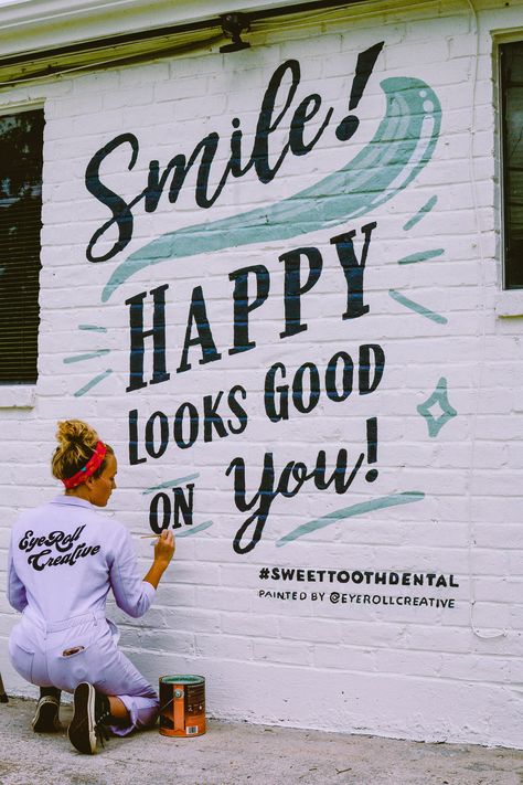 Sweet Tooth Dental: Exterior Mural Dental Mural Art, Selfie Wall Dental Office, Dental Office Quotes, Dental Selfie Wall, Dental Office Signs Outside, Dental Clinic Sign Board Design, Dental Office Art, Dental Mural, Dental Art Design