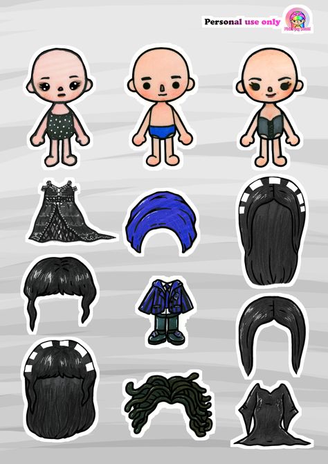 Paper dolls of Toca Boca version of Netflix Wednesday Pink Ping World Paper Doll, Wednesday Addams Paper Doll, Wednesday Paper Doll, Netflix Wednesday Addams, Free Printable Planner Stickers Kawaii, Netflix Wednesday, Princess Paper Dolls, Free Printable Paper Dolls, Paper Doll Printable Templates