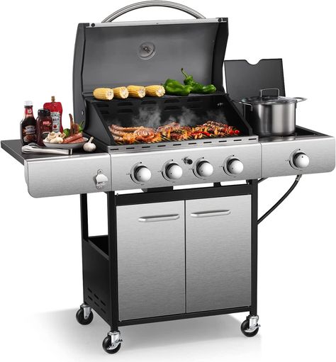 Joy Pebble Gas Grill 4 Burners Cabinet Liquid Propane Grill With Side Burner，42,000BTU Outdoor Cooking Stainless Steel BBQ Grills，Silver Barbecue Camping, Garden Barbecue, Propane Grill, Propane Gas Grill, Iron Grate, Stainless Steel Bbq, Barbecue Party, Stainless Steel Grill, Gas Bbq