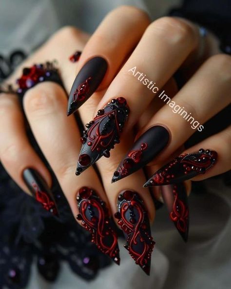 Goth Red Nails, Goth Wedding Nails, Fall Nail Art Ideas, Gothic Baroque, Vampire Nails, Stylish Nail Art, Witchy Nails, Gothic Nails, Fall Nail Art Designs