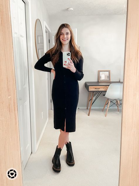 @abercrombie1892 dress on sale 15% off, last day!! Loving this ribbed material, it’s so comfortable and cozy yet so chic. #abercrombie #abercrombiestyle #neutrals #blackdress #mididress #combatboots #chelseaboots #lugsoleboots #loopycase #buttonupdress #polodress #neutrals #datenight #samedelman #nordstrom Follow my shop @kvstyleblog on the @shop.LTK app to shop this post and get my exclusive app-only content! #liketkit #LTKshoecrush #LTKstyletip #LTKsalealert @shop.ltk http://liketk.it/3s1E Black Ribbed Midi Dress Outfit, Ribbed Midi Dress Outfit, Dress With Chelsea Boots, Laguna Chelsea Boot, Midi Dress Outfit, Ribbed Midi Dress, Button Up Dress, Black Midi, Outfit Inspo Fall