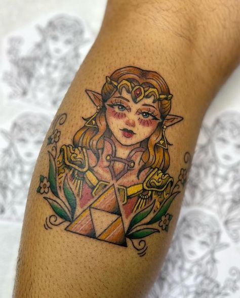 Ellen Ayala on Instagram: "Princess Zelda 🤩 so happy I got to tattoo her!! Thank you so much Moises 🙏🙏 More iconic video game ladies pls!" Zelda Tattoo Traditional, Princess Zelda Tattoo, Twilight Princess Tattoo, General Tattoo, Zelda Tattoo, Princess Tattoo, Tattoo Design Ideas, Twilight Princess, Tattoo Design Drawings