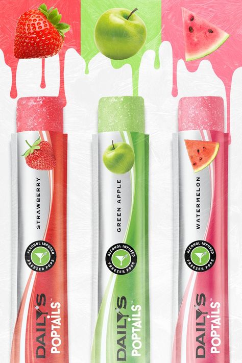 Fruity & boozy? Yes, please. Find your flavor in the Daily’s Poptails Variety Pack. Which will you try first? #Dailys #DailysCocktails #DailysPoptails #Poptails #IcePops #BoozyIcePops #AlocholicIcePops #Watermelon #Strawberry #GreenApple Popsicles Packaging, Candy Popsicles, Boozy Ice Pops, Fruit Popsicle Recipes, Boozy Popsicles, Healthy Popsicles, Watermelon Strawberry, Ice Candy, Freeze Pops