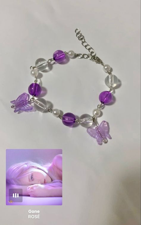 Adjustable Purple Metal Charm Bracelet, Purple Rose Bracelet, Purple Rose Quartz Beads Jewelry, Pink Butterfly Charm Bracelet, Bohemian Nickel-free Purple Bracelet, Purple Beaded Bracelets, Blackpink Rose, Beaded Bracelets, Purple