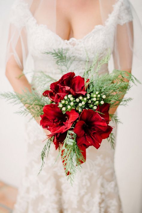 Christmas-Inspired Red Amaryllis Bouquet Amaryllis Wedding Bouquet, Amaryllis Bouquet, Christmas Wedding Bouquets, Christmas Wedding Flowers, Red Amaryllis, Winter Wedding Bouquet, Christmas Bouquet, Bridal Makeup Wedding, Winter Wedding Flowers