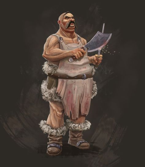 ArtStation - The Butcher, Felipe Yonekawa Butcher Character Art, Butcher Fantasy Art, Fantasy Butcher Shop, Dnd Butcher, Fantasy Butcher, Butcher Character Design, Butcher Character, Dnd Peasant, Chef Character