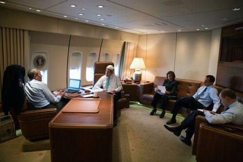 President Barack Obama meets with Secretary of State John Kerry, National Security Advisor Susan E. Rice, Phil Gordon, White House Coordinator for the Middle East, North Africa, and the Gulf Region, and Ben Rhodes, Deputy National Security Advisor for Strategic Communications, in his office aboard Air Force One during the flight from Rome, Italy, to Riyadh, Saudi Arabia, March 28, 2014. (Official White House Photo by Pete Souza) Air Force One Plane, Plane Interior, In Plane, First Plane, Presidential Libraries, John Kerry, Air Force One, Force One, Air Force Ones