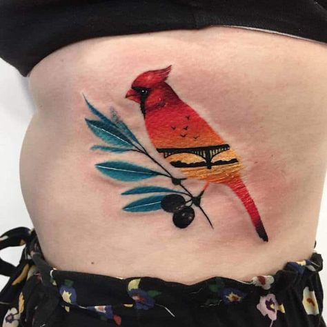 Colorful Double Exposure Tattoos by Daria Stahp | TattooAdore Cardinal Bird Tattoos, Red Bird Tattoos, Cardinal Tattoo, Polish Tattoos, Cardinal Tattoos, Back Of Arm Tattoo, Bird Tattoos, Owl Tattoo Design, Peonies Tattoo