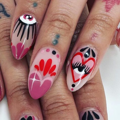 Sick Girl Nails on Instagram: "These might be on the list as some of the favorite #valentines_day sets I have done 💅💕💋🫶🏻 @gabbygoodarts ❤️‍🔥 #nails💅🏻 #nails2inspire #nailed #enailcouture #valentinobeautypure #gelx #gelxnails #nailart #nailtech #denver #denvernails #coloradonails #denvernailtech #5280 #bemyvalentine❤️" Design Tip Nails, Rbd Inspired Nails, Dagger Nail Art, Tattoo Nails Designs, Nail Flower Designs Easy, Alternative Nails Designs, Sacred Heart Nails, Mexican Inspired Nails, Valentines Tattoos