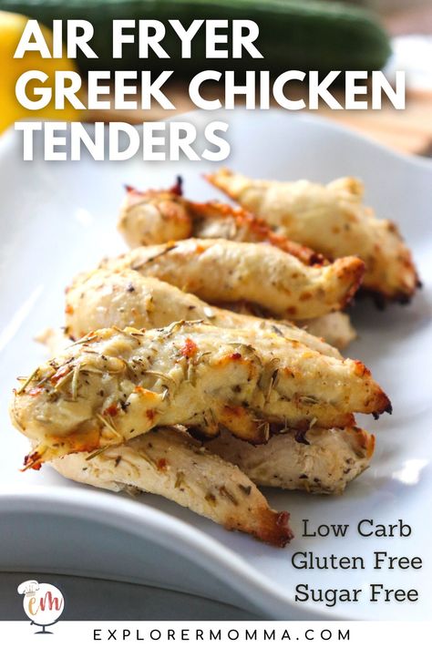 Keto Air Fryer Chicken, Greek Chicken Recipes Air Fryer, Greek Chicken Tenders, Greek Chicken Tenderloins, Air Fryer Greek Chicken, Air Fryer Recipes Chicken Tenders, Air Fryer Recipes Keto, Air Fried Chicken Tenders, Yogurt Marinated Chicken