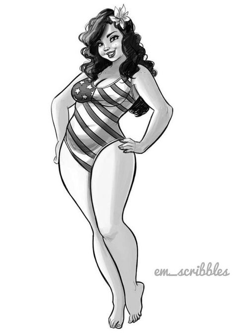 Curvy Pin Up Girl Drawing, Pinup Drawing Reference, Thick Pinup Tattoo, Curvy Pinup Tattoo, Curvy Reference, Curvy Girl Drawing, Pinup Cartoon, Cartoon Pinup, Pinup Drawing