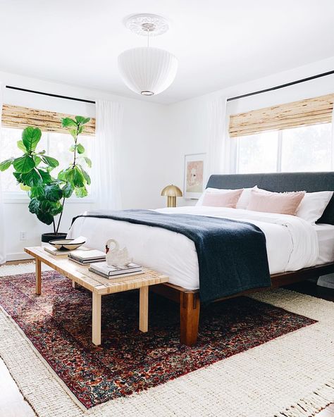 Master bedroom with  Thuma platform bed, layered rugs and Nelson pendant @undecorated_home Layered Rugs Bedroom, Layered Bedding Ideas, Rugs In Bedroom, Rug Under Bed, Gorgeous Bed, Rugs Bedroom, Bed Platform, Layered Rugs, A Rug