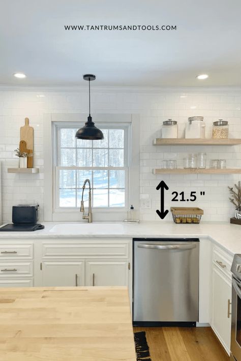 Kitchen Shelf Backsplash, White Cabinets With Floating Shelves, Kitchen Cabinets Vs Open Shelves, Kitchen Shelves Next To Cabinets, Kitchen Design Without Upper Cabinets Open Shelves, Floating Shelves Kitchen Spacing, Open Shelves In Kitchen Wall Shelves, Kitchenfloating Shelves, How To Hang Open Shelves In Kitchen