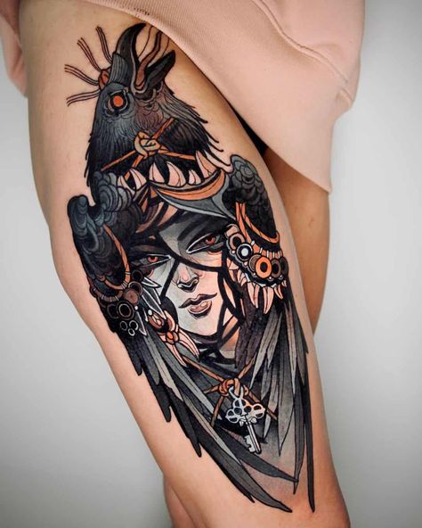 Raven Tattoo Design, Neotraditional Tattoo, Crow Tattoo, Raven Tattoo, Tatuaje A Color, Traditional Tattoo Design, Traditional Tattoo Art, Tattoo Design Ideas, Thigh Tattoos Women