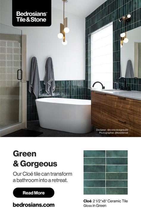 Our Cloe tile can transform a bathroom into a retreat. Green Cloe Tile Bathroom, Green Tile Bathroom Mood Board, Cloe Tile, Green Tile Bathroom, Tile Backsplash Bathroom, Above The Sink, Green Tile, Green Bathroom, Bathroom Colors