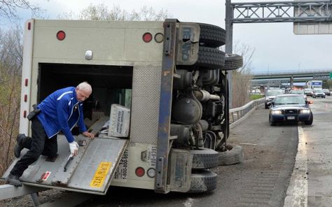 Brinks truck tips at exit 6a off I-90 - Times Union Fedex Truck Accident Proof, Fedex Accident, Brinks Truck, Traffic Accident, Armored Truck, State Police, Ford Trucks, The Scene, Trucks