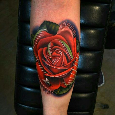 Andres-Acosta Venus Fly Trap Rose Venus Flytrap Tattoo, Fly Trap Tattoo, Venus Fly Trap Tattoo, Trap Tattoos For Women, Trap Tattoo, Coloured Rose Tattoo, Colored Tattoos, Venus Tattoo, Venus Flytrap