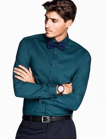 Teal shirt with bow-tie by H Teal Button Up Shirt Outfit Men, Teal Mens Outfit, Teal Shirt Outfits Men, Teal Shirt Outfit, Blue Black Suit, Blue Shirt Outfit Men, Tie Outfits Men, Emerald Green Shirt, Blue Outfit Men