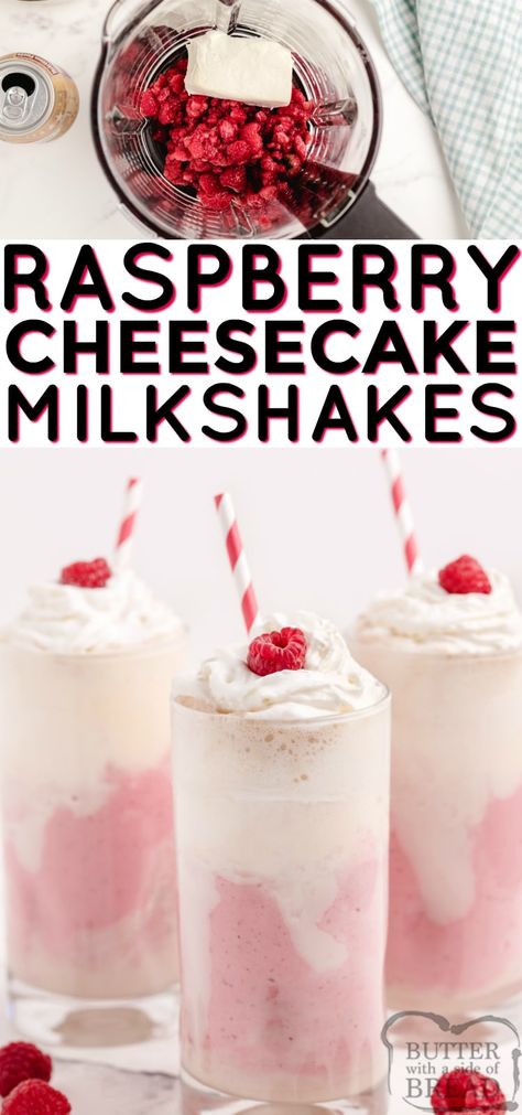 Raspberry Cheesecake Shakes are made with frozen raspberries, cream cheese, ice cream and cream soda. This easy milkshake recipe is so simple to make and is absolutely delicious, especially on really hot summer days! Best Strawberry Milkshake Recipe, Easy Milkshake, Cream Cheese Ice Cream, Yummy Milkshake Recipes, Milkshake Recipe Easy, Homemade Milkshake, Cheese Ice Cream, Ice Cream Shake, Oreo Milkshake