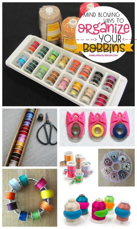 How to organize your bobbin! - A girl and a glue gun Bobbin Organization, Sewing Fabric Storage, Sewing Project Ideas, Bobbin Storage, Sewing Room Storage, Sewing Spaces, Thread Storage, Sewing Room Organization, Sew Ins