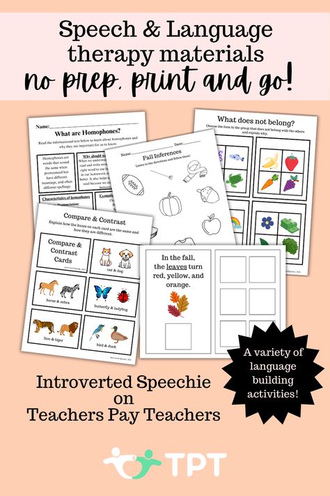 Discover innovative language therapy materials in my Teachers Pay Teachers store! Designed for speech therapists, educators, and parents, our resources cover vocabulary, grammar, comprehension, and more. Each activity is crafted to make language learning engaging and accessible for students of all ages. Whether you're working on expressive language, receptive skills, or social communication, our store has the perfect tools to support your students' growth and success. Category Activities Speech Therapy, Pragmatic Language Activities Speech Therapy, Speech And Language Therapist, Online Speech Therapy Activities, Social Communication Activities, Teletherapy Resources For Speech-language Therapy, Receptive Language Activities, Inferencing Activities, Reading Vocabulary