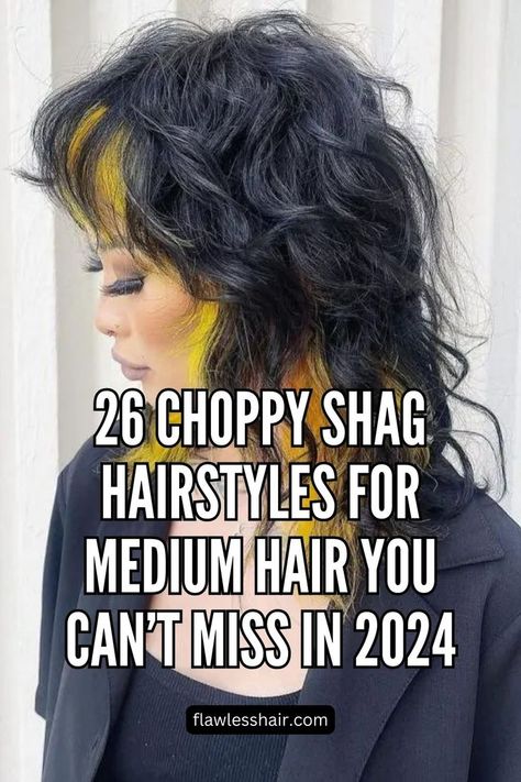 Messy Shag With Peekaboo Highlights Haircuts Shag Medium, Medium To Short Shag Haircuts, Shag Mullet Wavy Hair Medium, Shag Hair Ponytail, Classy Shag Haircut, Long Choppy Shag Haircut, Long Shag Hairstyles Curly Hair, 80s Haircuts For Women, Edgy Mid Length Hair