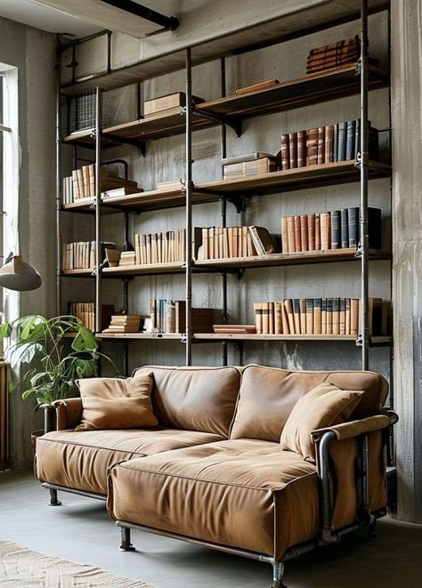 35 Industrial Living Room Ideas to Elevate Your Home's Style 69 Industrial Theme Living Room, Industrial Loft Living Room, Eclectic Industrial Decor, Industrial Library, Industrial Chic Living Room, Industrial Living Room Ideas, Industrial Living Room Design, Industrial Living Room, Industrial Theme