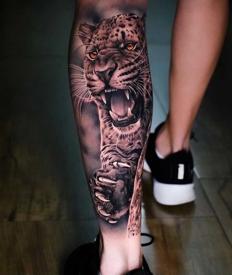 Flower Forearm Tattoos For Women, Forearm Tattoos For Women, Leg Tattoos For Men, Tiger Hand Tattoo, Calf Tattoo Men, Jungle Tattoo, Tattoo Black And Grey, Tiger Tattoo Sleeve, Colour Tattoo For Women