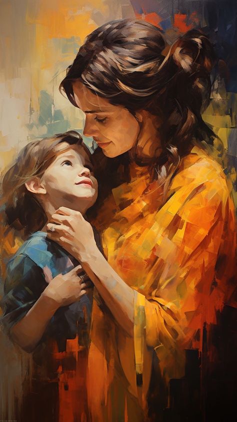 Mother With Daughter, Motherhood Painting, Prompt Ideas, Looking At Each Other, Female Artwork, Custom Portrait Painting, Diy Abstract Canvas Art, Colorful Oil Painting, Mother Art