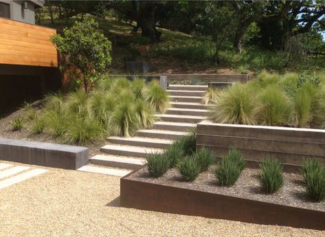 Midcentury Modern Landscaping, Mid Century Modern Landscaping, Mid Century Landscaping, Mid Century Landscape, Landscape Contemporary, Railroad Ties, Garden Retaining Wall, Hillside Landscaping, Sloped Garden