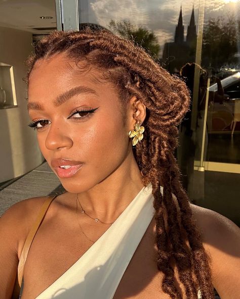 Brown Faux Locs Black Women, Faux Locs Brown, Brown Faux Locs, Big Locs, Girl Cleaning Aesthetic, Brown Locs, Braid Styling, Earthy Girl, Sketch Reference