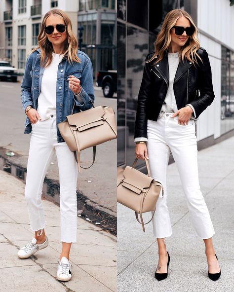 White Cropped Jeans Outfit, Blazer Off White, White Cropped Jeans, White Culottes, Jeans Heels Outfit, White Pants Outfit, White Jeans Outfit, Jeans Outfit Women, Denim Jacket Outfit