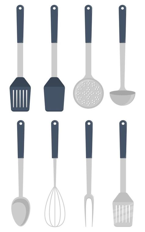 Kitchen utensils, set. Ladle, spatula, whisk, skimmer, spoon, vector illustration isolated. Spatula Illustration, Utensil Illustration, Kitchen Utensils Set, Utensils Set, Cartoon Images, Illustration Vector, Kitchen Utensils, Vector Icons, Cartoon Art