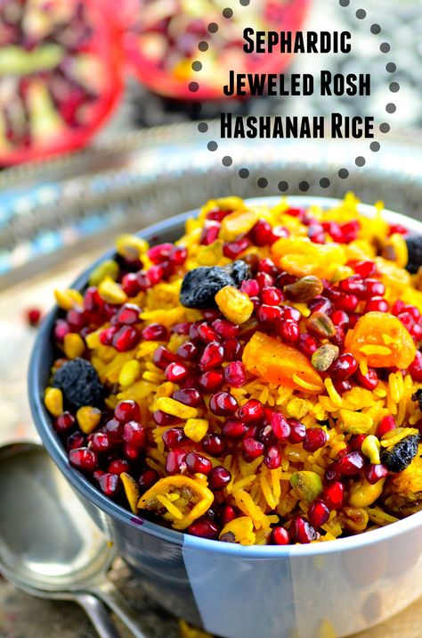 Perfect Rosh Hashanah side dish - The rice is infused with fragrant spices, sweetened with dried apricots, figs and cherries with a nice crunch from pomegranates and pistachios #Rosh Hashanah #rice #side #dish #recipe #kosher #holidays #Jewish #Sephardic #parve #gluten-free Jeweled Rice, Rosh Hashana Recipes, Rosh Hashanah Recipes, Jewish Holiday Recipes, Jewish Cuisine, Rice Side, Rice Side Dishes, Passover Recipes, Kosher Recipes