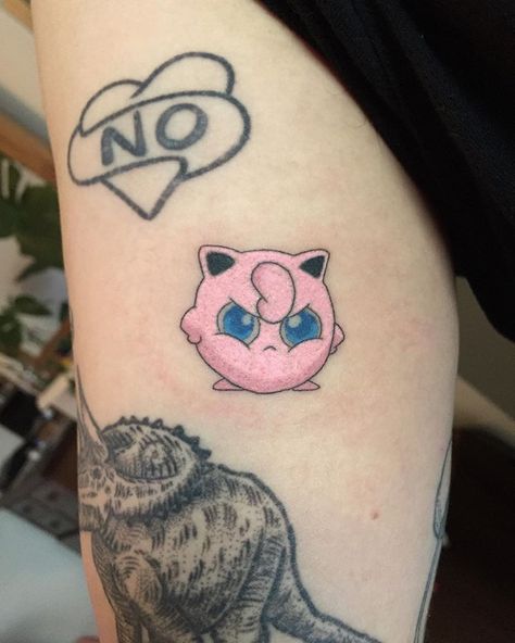 Angry Jigglypuff, Jigglypuff Tattoo, Small Colorful Tattoos, Pikachu Tattoo, Her Tattoo, One Tattoo, Pink Tattoo, Pokemon Tattoo, Kawaii Tattoo