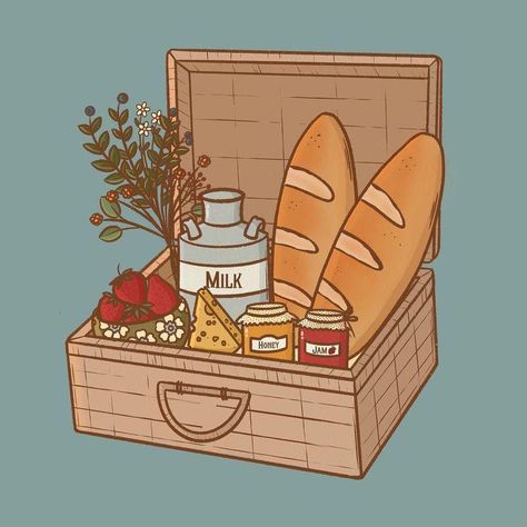 Picnic Bullet Journal, Picnic Basket Drawing, Picnic Basket Illustration, Picnic Doodle, Picnic Cartoon, Picnic Drawing, Picnic Illustration, Basket Illustration, Picnic Art