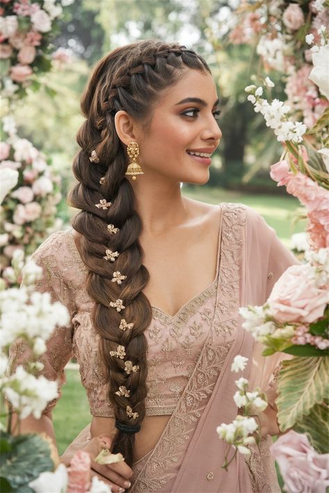 Elevate your look with stunning Indian braided hairstyles that blend tradition with modern elegance. This eye-catching hairstyle features intricate braids adorned with vibrant flowers and jewels, perfect for any festive occasion or a casual day out. Discover the beauty of Indian cultures through these unique designs that celebrate artistry and heritage. Let your hair tell a story with every twist and turn. Messy Braids For Indian Wedding, Reception Dress Ideas For Bride Sister, Wedding Braid Indian, Indian Wedding Hairstyles Braid, Indian Bride Braid Hairstyle, Braid Hairstyles Bride, Mehndi Braids Hairstyles, Traditional Braids Hairstyles Indian, Indian Wedding Hair Styles