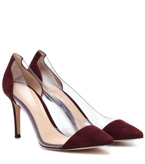 Gianvito Rossi - Plexi suede and transparent pumps - These Plexi pumps from Gianvito Rossi are a fine balance of sleek and statement. We love the elegant silhouette, given a modern twist with a transparent insert that contrasts with the matte burgundy suede heel and toe. Style yours with a pair of tailored trousers for a sharp finish. seen @ www.mytheresa.com Platform Pumps Outfit, Low Wedge Espadrilles, Platform Pumps Heels, Red Pumps, Designer Pumps, Platform High Heels, Patent Leather Pumps, Leather Mules, Suede Pumps