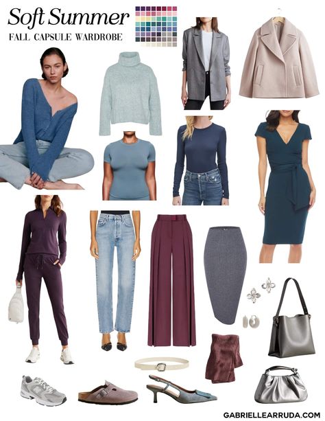 Fall Capsule Wardrobe: 12 Seasonal Color Palettes | Gabrielle Arruda Summer Color Palette Outfits, Fall Wardrobe Ideas, Autumn True, Soft Summer Fashion, Color Analysis Summer, Summer Autumn Outfit, Light Summer Color Palette, Seasonal Color Palette, Wardrobe Images