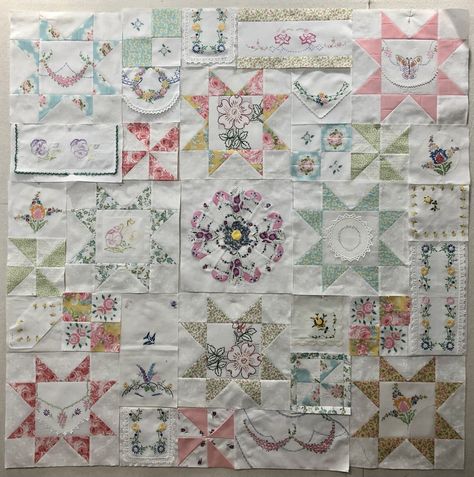 Let’s Make a Vintage Linens Quilt Together! Post #8 – Rhonda Dort Vintage Linen Quilts Ideas, Vintage Linen Quilts, Rhonda Dort, Quilt Top Patterns, Vintage Handkerchiefs Crafts, Handkerchief Crafts, Vintage Quilts Patterns, House Vintage, Embroidered Quilts