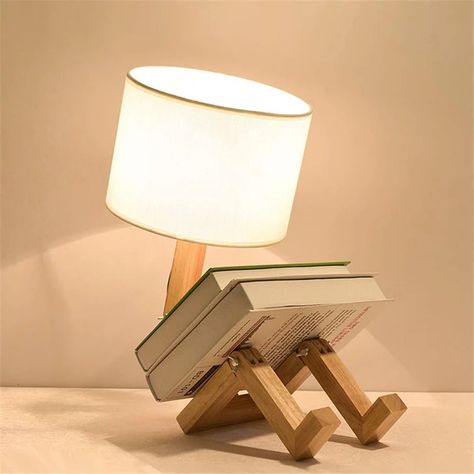 Boho Desk Lamp, Unique Lamp Design, Cozy Lamp Lighting, Wooden Products Ideas, Lamp Shapes, Cozy Lamp, Wooden Robot, Creative Lamp, Rocket Lamp