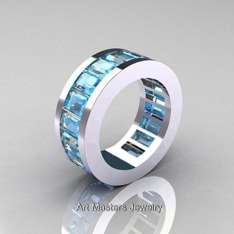 Mens Modern 14K White Gold Aquamarine Channel Cluster Infinity Wedding Band R174-14WGAQ Art Masters Jewelry, Aquamarine Wedding Band, Infinity Wedding Band, Aquamarine Wedding, Infinity Wedding, Platinum Wedding Band, Bridal Fashion Jewelry, Platinum Wedding, Blue Topaz Stone