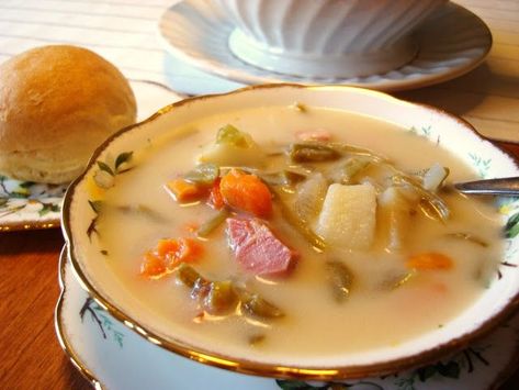 Schaubel Zup (Green Bean Soup) | Mennonite Girls Can Cook | Bloglovin’ Summer Borscht, Puree Vegetables, Green Bean Soup, Ham Hock Soup, Beet Borscht, Green Beans Soup, Mennonite Girls Can Cook, Mennonite Recipes, Summer Savory