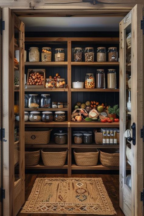 Organize in Style: Farmhouse Kitchen Pantry Ideas - Quiet Minimal Pantry Design Farmhouse, Modern Country Pantry, Cabin Pantry Ideas, Old Farmhouse Pantry, Cottage Pantry Ideas, Unkitchen Ideas, Vintage Pantry Ideas, Small Square Pantry, Kitchen Open Pantry